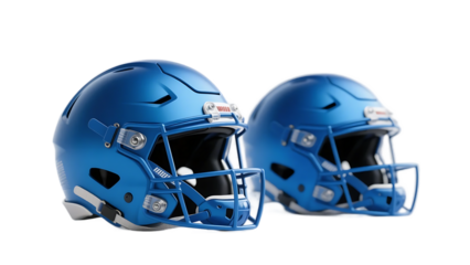 Two blue American football helmets designed for sports, providing protection and safety during athletic activities.