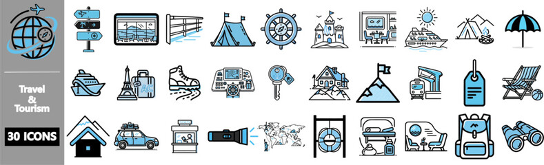 Collection of travel and tourism icons in a blue and gray color scheme, representing various activities.