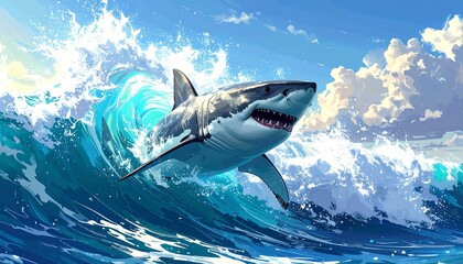 A great white shark leaps through a turquoise wave, cloudy background