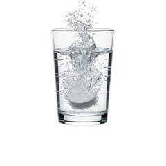 Effervescent tablet dissolving in glass of water dynamic chemical reaction macro shot
