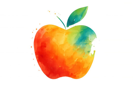 Unique bitten apple featuring a colorful watercolor painting effect with blending hues, creating a healthy food concept on transparent background