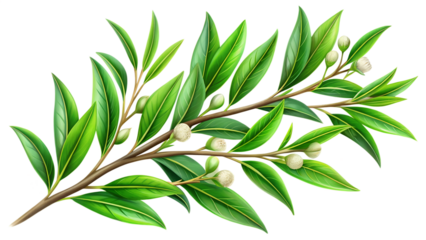 Olive branch with green leaves and white flowers isolated on transparent background, vector illustration