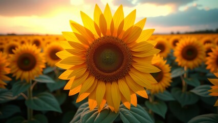Obraz premium Vibrant sunflower field at golden hour