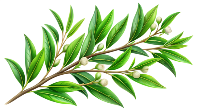 Olive branch with green leaves and white flowers isolated on transparent background, vector illustration - Powered by Adobe