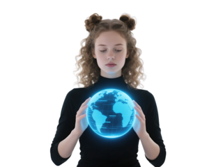 A young woman holds a glowing holographic globe, symbolizing global technology and digital innovation.