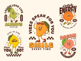 Schilderijen op glas Positive Typography Funny fruit groovy characters stickers and t shirt prints. Vector cute cartoon pear, lemon, orange, peach and mango y2k personages in sneakers spreading fun positive vibes in with motivational phrases  © Buch&Bee