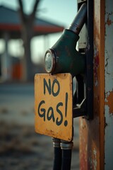 A close-up of a weathered gas pump nozzle with a handwritten 'No Gas!' sign hanging from it. The background shows a blurry, sun-drenched and dusty abandoned gas station