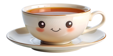 Cute teacup with a smiling face isolated on transparent background, filled with hot tea