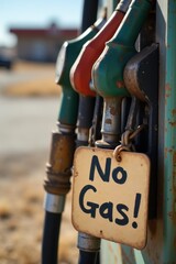 A close-up of a weathered gas pump nozzle with a handwritten 'No Gas!' sign hanging from it. The background shows a blurry, sun-drenched and dusty abandoned gas station