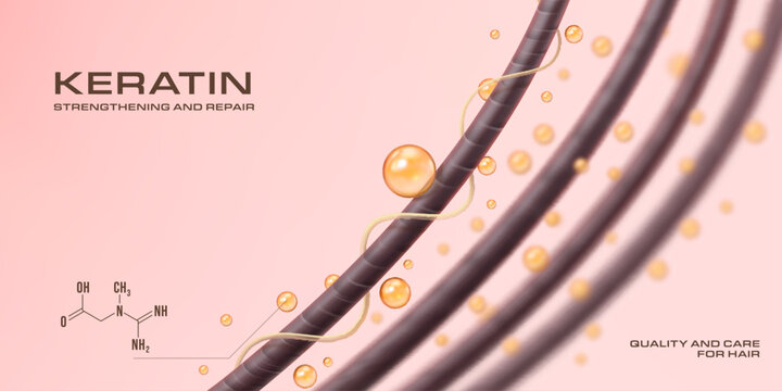 Shampoo keratin repair and hair roots. Molecule of oil protect and care hair follicle health, serum for scalp and skin great solution for damage hair. Luxury elegant banner with keratin formula