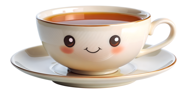 Cute teacup with a smiling face isolated on transparent background, filled with hot tea
