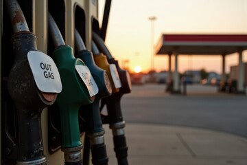 A close-up of weathered gas pump nozzles, each with a white sign reading "out of gas". In the background, an abandoned, dusty gas station sits under a fading sunset