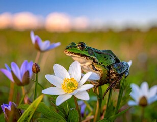 A green frog perched on a white flower in a field, with purple flowers