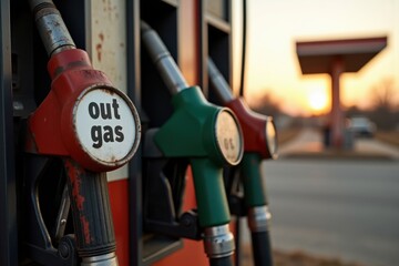 A close-up of weathered gas pump nozzles, each with a white sign reading "out of gas". In the background, an abandoned, dusty gas station sits under a fading sunset