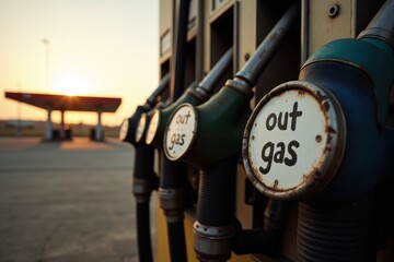 A close-up of weathered gas pump nozzles, each with a white sign reading "out of gas". In the background, an abandoned, dusty gas station sits under a fading sunset