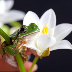 A green frog perches on a white flower with a yellow center