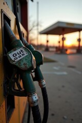 A close-up of weathered gas pump nozzles, each with a white sign reading "out of gas". In the background, an abandoned, dusty gas station sits under a fading sunset
