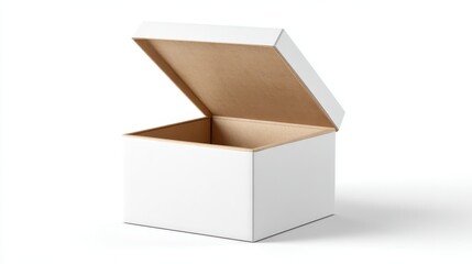 Open white cardboard box isolated on white background with brown interior