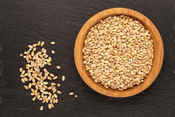 Barley in a wooden plate on a slate stone, close-up, top view.