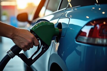 A hand inserts a gas nozzle into the fuel tank of a modern car. The station's bright lights create colorful reflections on the car's glossy surface