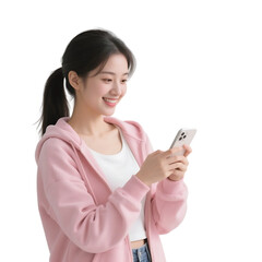 Fototapeta premium A young woman in a pink hoodie is happily using her smartphone, showcasing a modern and casual lifestyle.