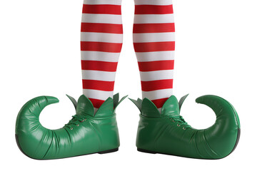Festive elf legs with red and white striped stockings and pointed green shoes