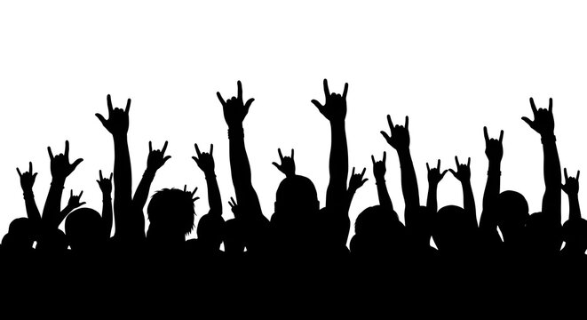black silhouette vector of concert audience with raised hands on white background