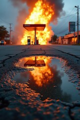 A murky puddle on cracked asphalt captures the reflection of a violent explosion. The actual gas station in the background is a blur of fire, smoke, and flying debris