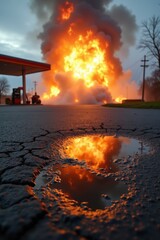 A murky puddle on cracked asphalt captures the reflection of a violent explosion. The actual gas station in the background is a blur of fire, smoke, and flying debris