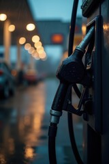 A solitary fuel nozzle hangs on the pump, with glistening raindrops on its surface. The rainy, blurry background shows the station's glowing lights and wet asphalt