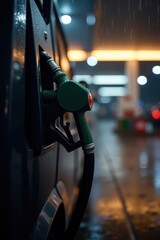 A solitary fuel nozzle hangs on the pump, with glistening raindrops on its surface. The rainy, blurry background shows the station's glowing lights and wet asphalt