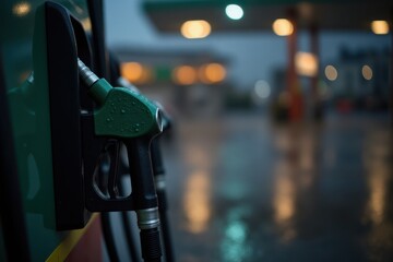 A solitary fuel nozzle hangs on the pump, with glistening raindrops on its surface. The rainy, blurry background shows the station's glowing lights and wet asphalt