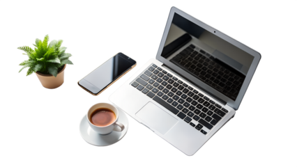Modern workspace with laptop, smartphone, coffee and plant isolated on transparent background