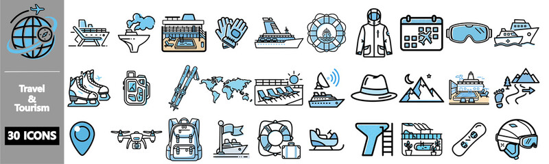 Collection of travel and tourism related icons in blue.
