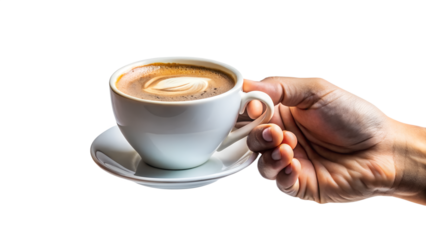 Close up of a hand holding a cup of cappuccino isolated on transparent background coffee time
