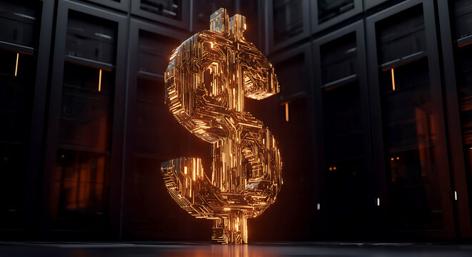 Golden dollar sign inside dark server room represents digital currency - Powered by Adobe