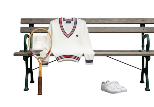 Vintage tennis attire arranged on park bench captures athletic nostalgia