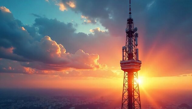 Majestic Broadcast Tower at Sunset Antennas Reaching for the Sky, Symbolizing Global Communication and Technological Advancement