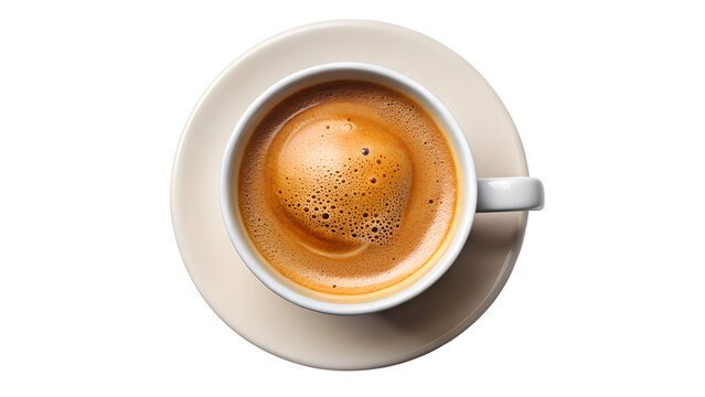 Overhead shot of a cup of espresso coffee on a saucer isolated on transparent background