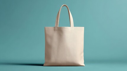 Beige tote bag made of natural fabric on a blue background, studio shot