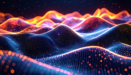Abstract, wavy, glowing digital landscape with orange and blue hues