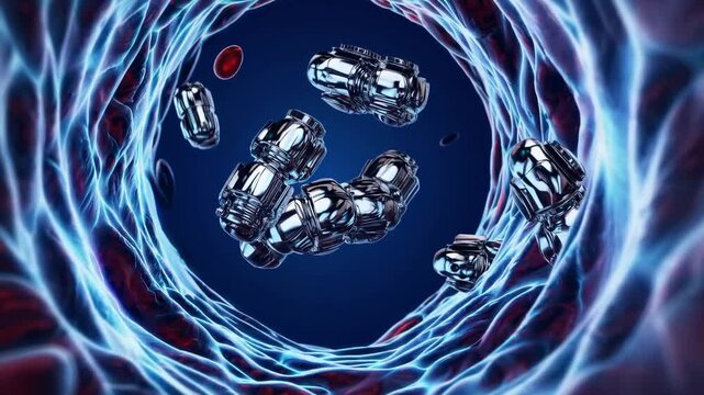 Futuristic nanobots navigate through a glowing network of blood vessels, surrounded by vibrant red and blue plasma, representing advanced nanomedicine and micro robotics