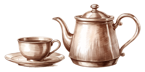Vintage sketch of a teapot and a cup isolated on transparent background, sepia tone illustration