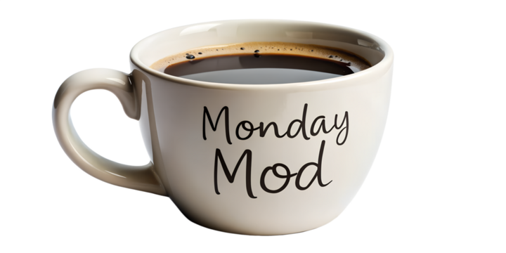 Monday mod coffee cup isolated on transparent background, a symbol of modern and trendy feeling