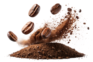 Coffee beans falling into ground coffee isolated on transparent background, coffee concept