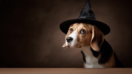 Beagle dog wearing a black witch hat, peeking over wooden surface on dark background