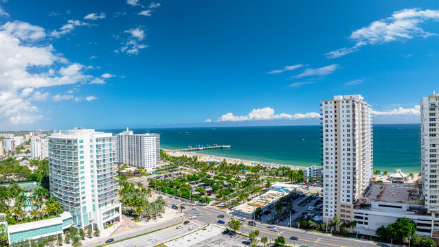 Fototapeta panoramic drone view of Pompano Beach, Florida with city and pier