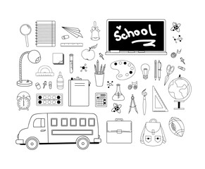 Doodle set of school objects. Perfect for educational materials, back-to-school designs, stationery, posters, and creative projects