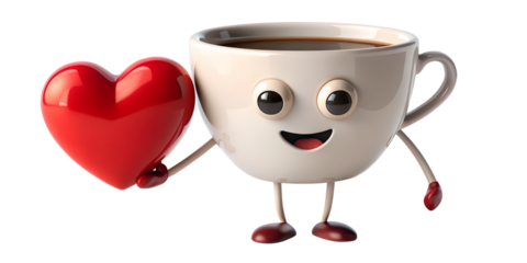 Cartoon coffee cup character holding a red heart isolated on transparent background love concept