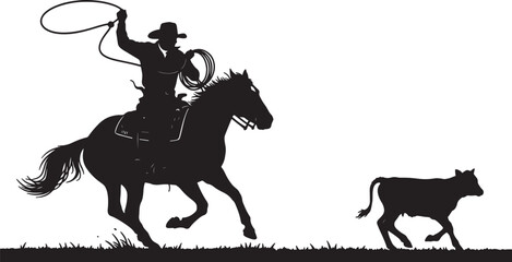 Silhouette of a cowboy on horseback lassoing a calf in a grassy field rope on transparent background © PixelSaga MH2 